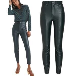 Veronica Beard Marea High Rise Vegan Leather Slim Pants Dark Green 29